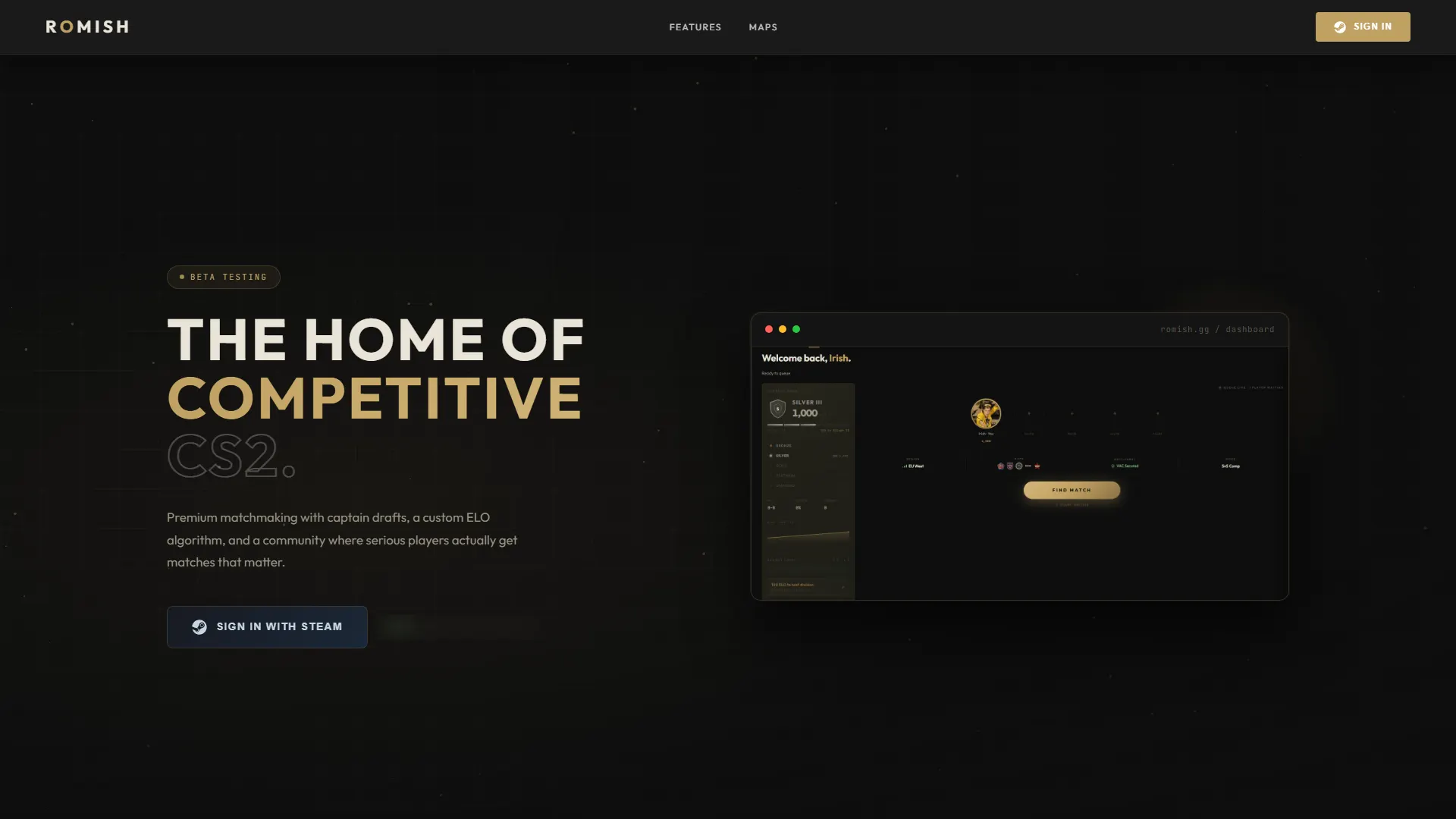 The Romish landing page after the rebrand, with the Ready ring logo in the navbar, the headline and a Sign in with Steam button