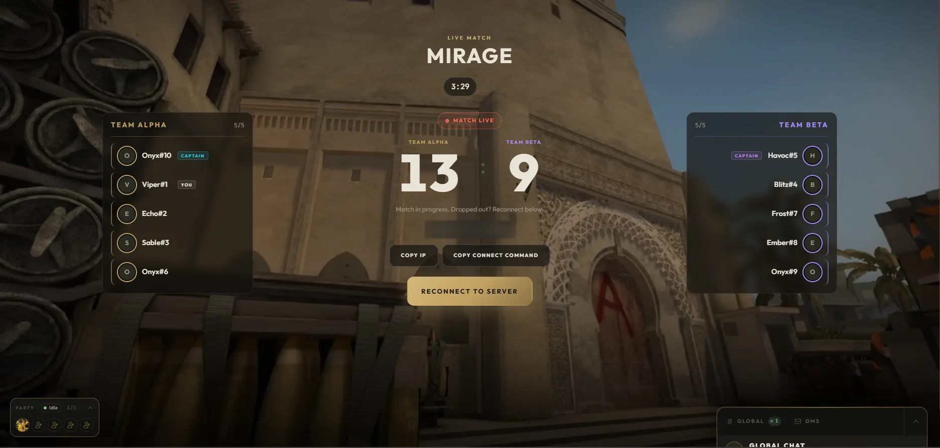 A live match: the score, both team rosters, and the connect details with the server address hidden