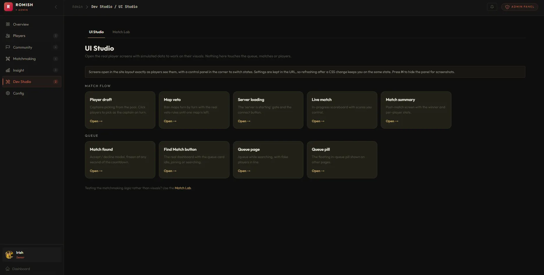 The admin UI Studio: cards that open each real match and queue screen (player draft, map veto, server loading, live match, match summary, match found and more) with simulated data