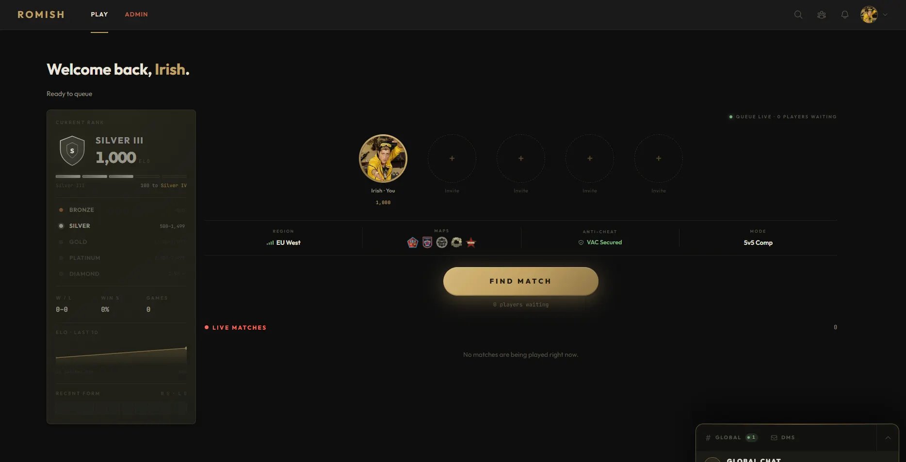The Romish Play page: the rank card with Elo, party slots, the Find Match button and the live matches list