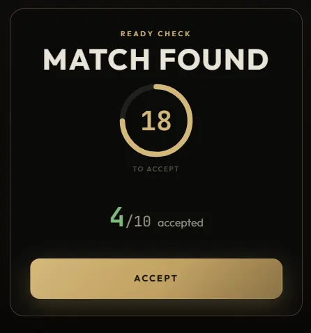 The "Match found" ready check: a countdown, how many of the ten players have accepted, and an Accept button