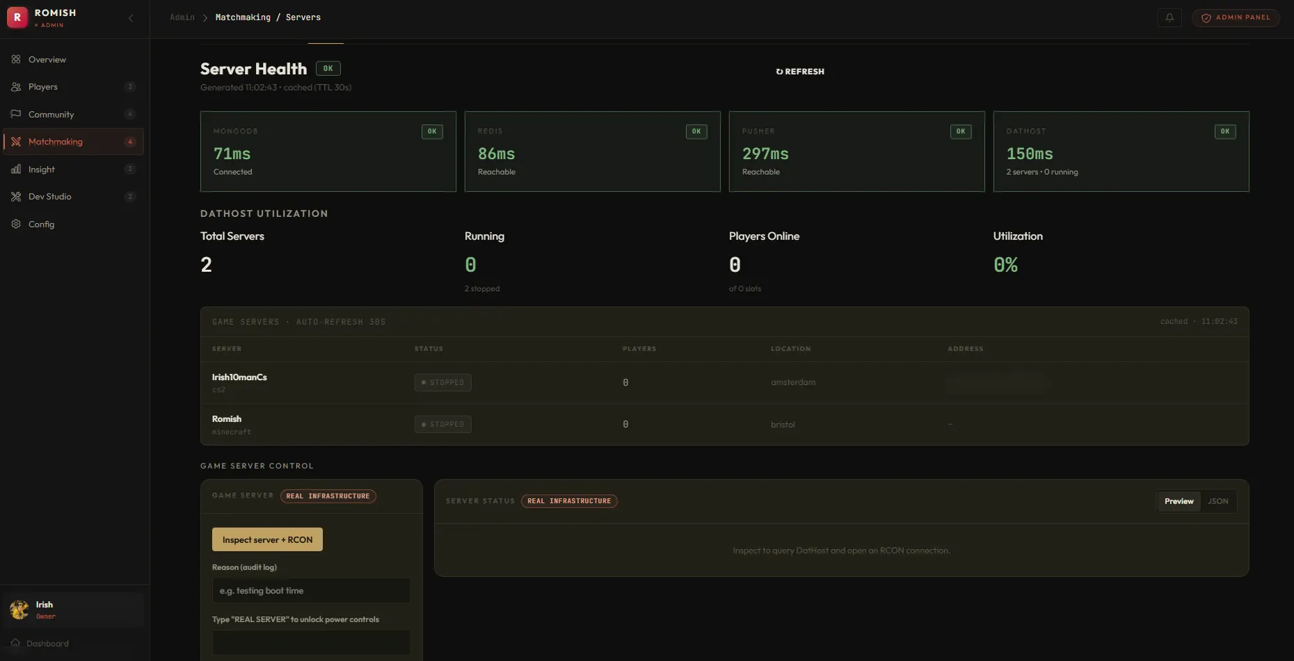 Admin server health page: latency checks for MongoDB, Redis, Pusher and DatHost, game server status with the address blurred, and owner-only power controls