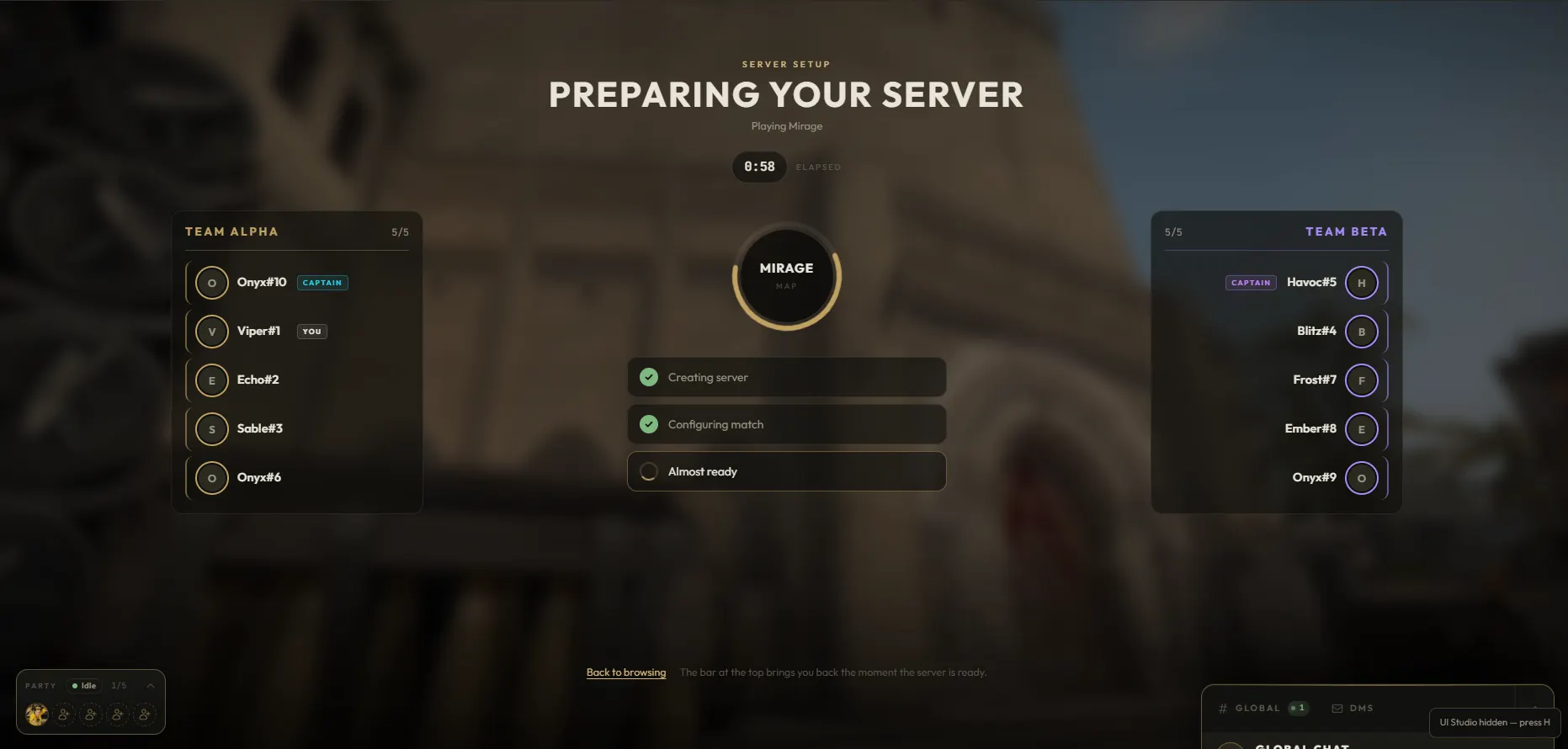 Server setup: progress steps for creating and configuring the game server, between the two team rosters