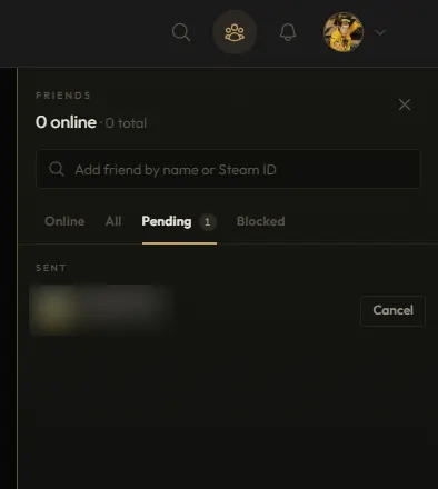 The friends panel: add a friend by name or Steam ID, tabs for online, all, pending and blocked, and one sent request with the other player's name blurred