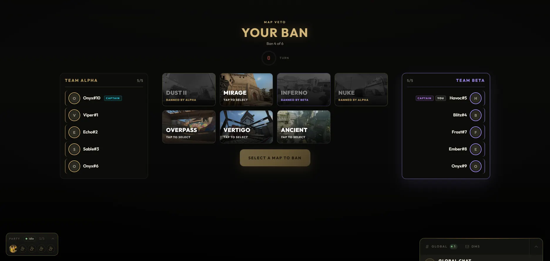 Map veto: some maps already banned, and the captain on the clock choosing from the maps left